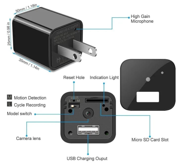 Wall Charger Wi-Fi FHD Spy Camera 90-Degree Recording